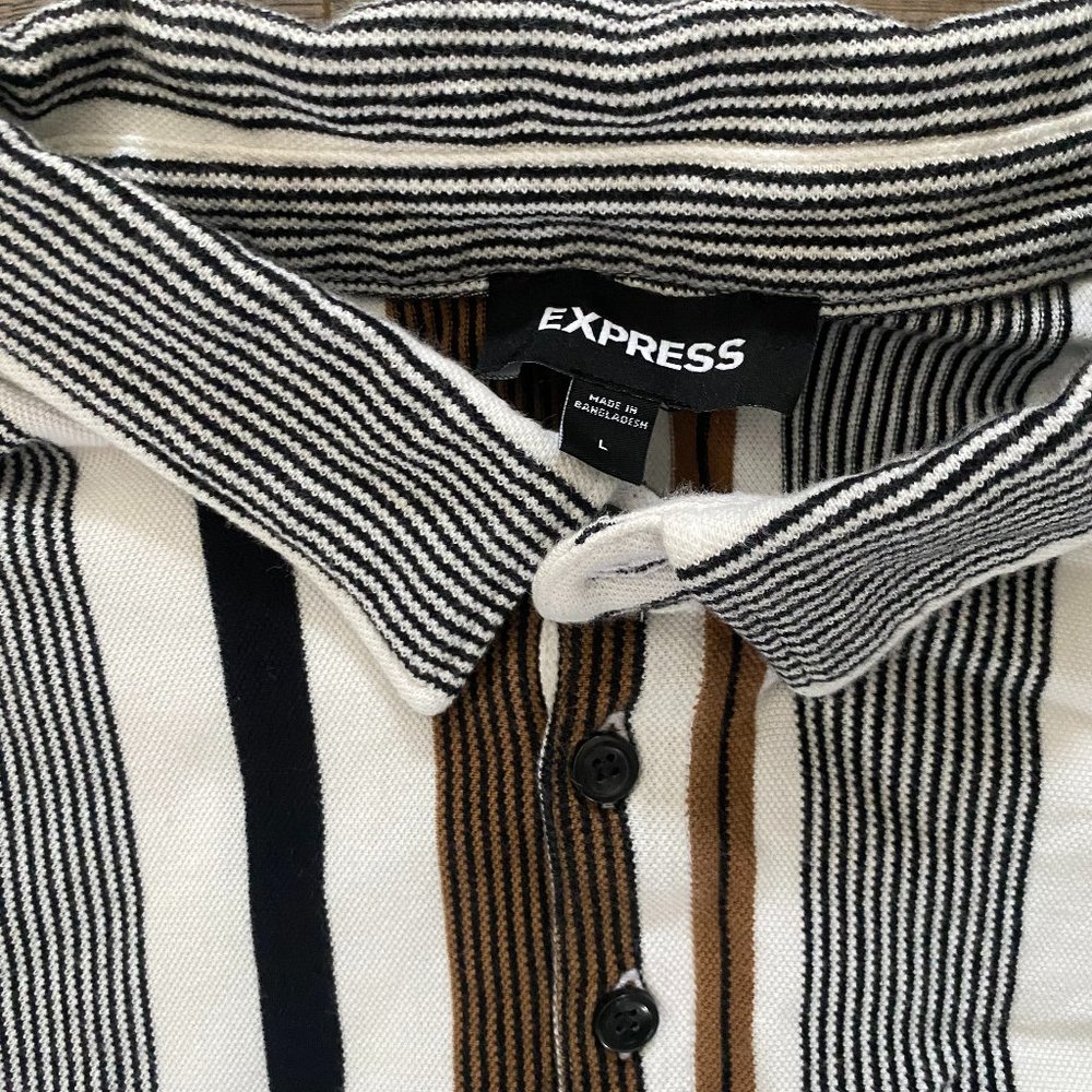 Express Men’s Vertical Stripe Polo Shirt Brown Black White Collared Short Sleeve - Picture 3 of 4